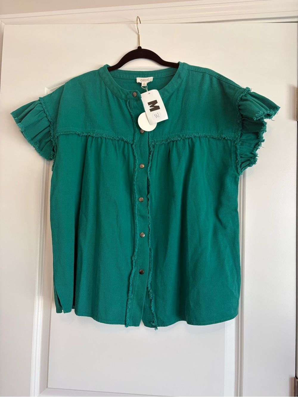 ODDY Teal Button-Front Ruffle Sleeve Top